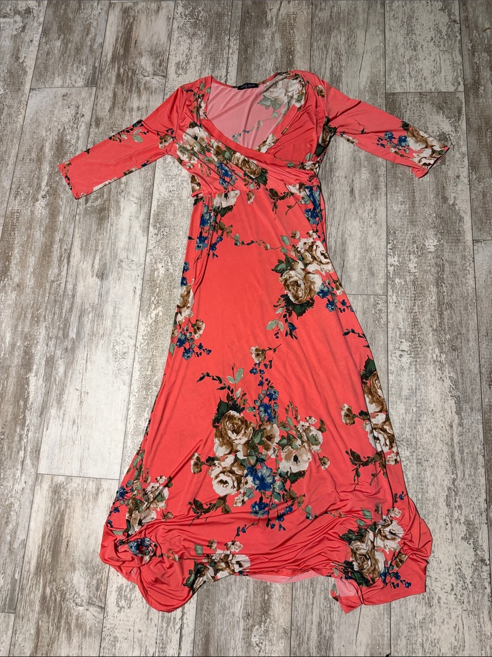 Coral Floral Wrap Maxi Dress with V-Neck